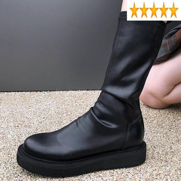 

winter black slim elastic women fashion motorcycle platform round toe flat high boots shoes woman 20211