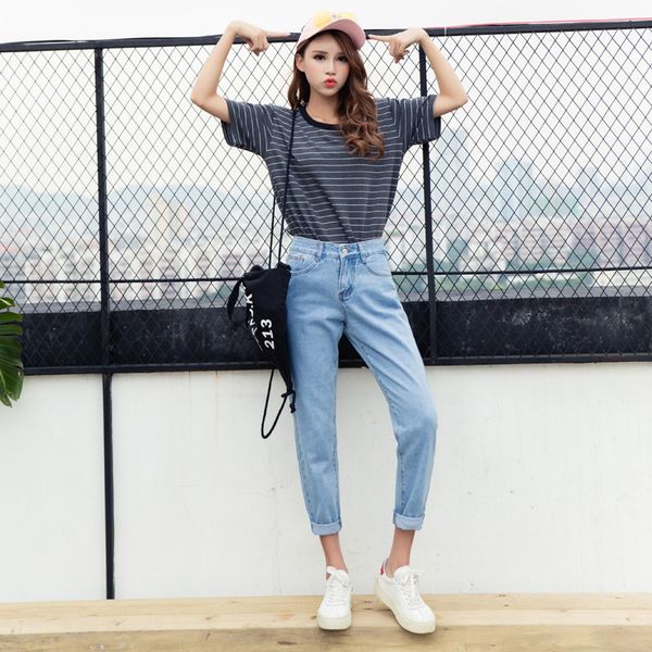 

and 2020 spring summer female jeans high waist korean version thin big size loose feet hare nine pants o718, Blue