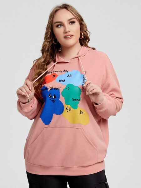 

plus cartoon & letter graphic drop shoulder hoodie 57tt#, Black
