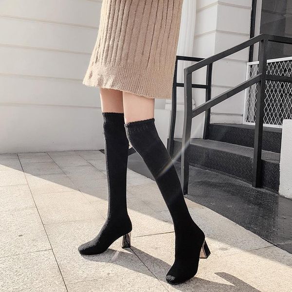 

с носки сапоги 2019 overkee boots квадратная осень тонкий черный, Black
