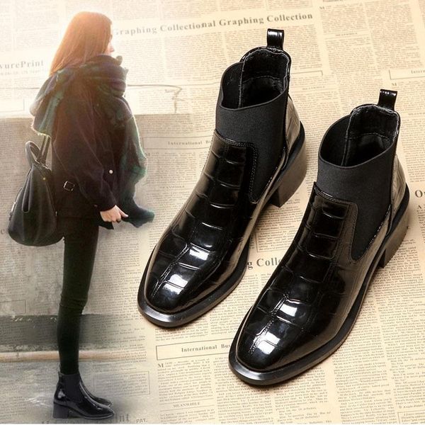 

boots charm2021 women's thin black elastic band round head thick heel shoes