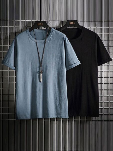 

men 2pcs drop shoulder solid tee m4gm#, White;black