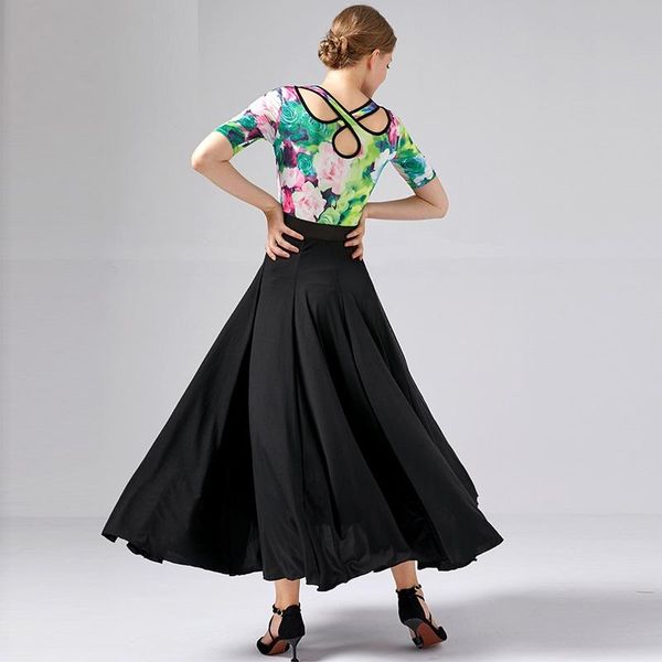 

stage wear print ballroom dress woman waltz dance tango costume spanish flamenco long swing splicing, Black;red
