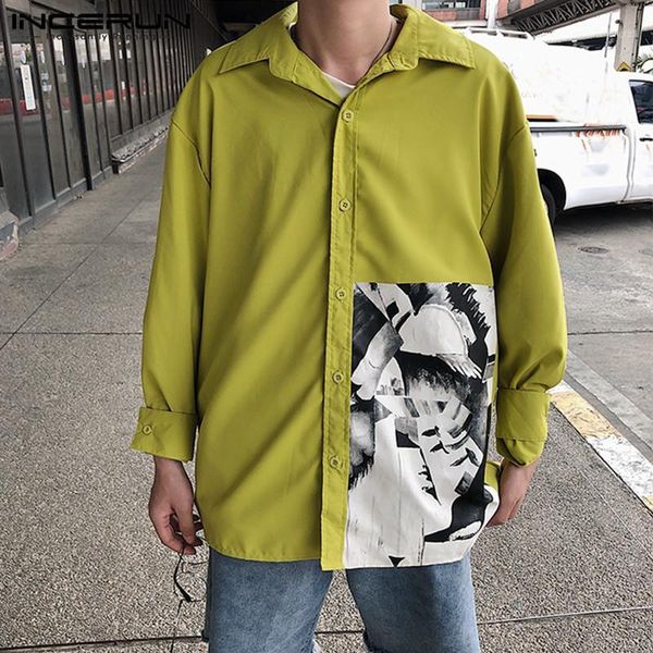 

men's casual shirts incerun fashion men shirt loose printed lapel 2021 long sleeve brand korean streetwear chic button male blouse 5xl1, White;black