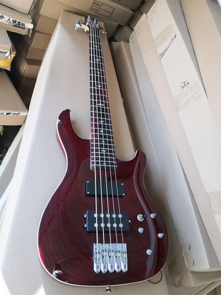 

custom 5 strings bass guitar,red ps bass black flamed maple veneer basswood body,chrome buttons ,birds inlay