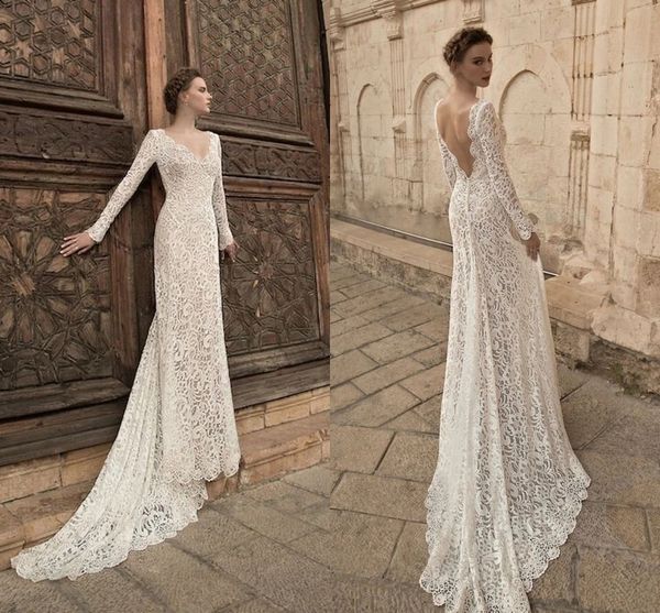 

bohemian full lace wedding dresses 2021 elegant rustic long sleeves v neck country bridal gowns sheath backless long robes al8238, White