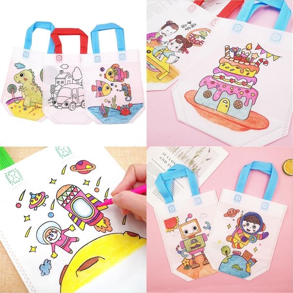 

graffiti bag diy kids handbag totes coloring painting puzzles pocket children arts crafts color filling drawing toy non-woven handbag g20305, Black