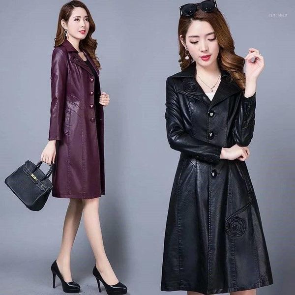 

women's leather & faux -8xl slim pu jacket women long coat 2021 korean fashion plus size autumn embossing windbreaker f18741, Black