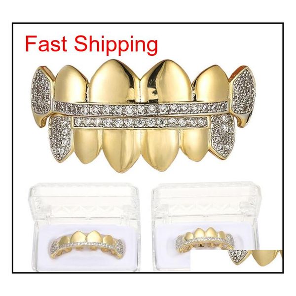 

new metal hip hop rows cz stones braces and bottom teeth bling teeth set halloween party jewelry body jewelry fas qylglk bdehome, Silver