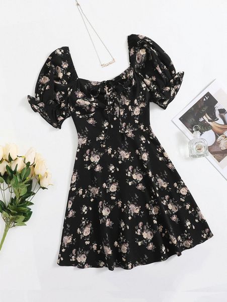 

allover floral print flounce sleeve ruched knot bust dress c6py#, Black;gray