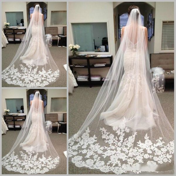 

vinatge 3 meters long lace wedding veils bridal hair accessories chapel cathedral length appliques edge retro tulle bridal veils, Black