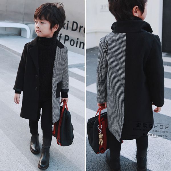 

boys' tweed autumn winter 2020 new korean medium length windbreaker children's patchwork woolen coat, Tan;black
