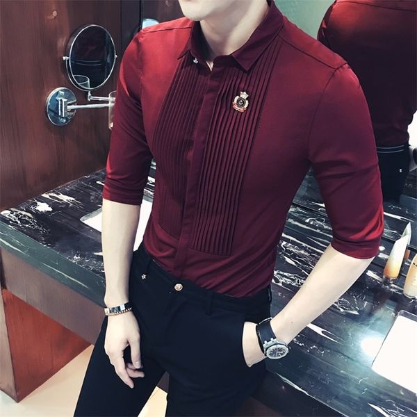 Manga curta mens vestido camisa verão moda camisa social masculina magro fita camisa de vinho vermelho branco preto lj200925