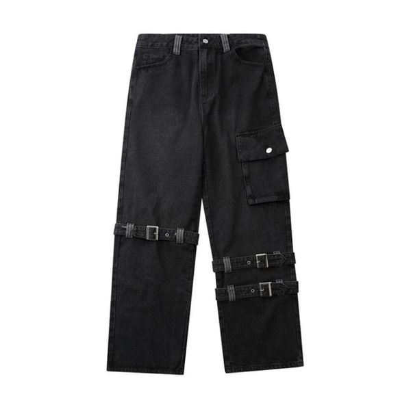 

men's jeans 2021 autumn winter men harajuku bandage loose casual straight denim pants man motorcycle trousers w1467, Blue
