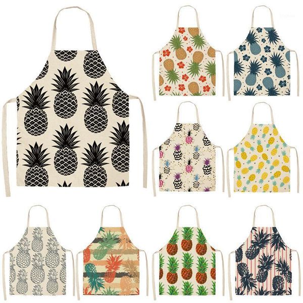 

1pcs pineapple pattern kitchen aprons for women cotton linen bibs household cleaning pinafore home cooking apron 53*65cm1
