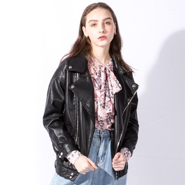 

women's leather & faux women's jacket loose short pu ladies motorcycle 2021 spring autumn winter1, Black