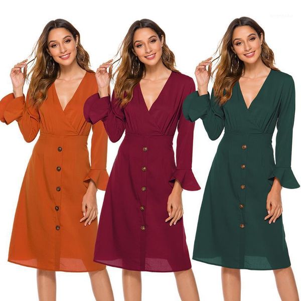 

europe and america 2020 spring autumn women dress female fashion long sleeve soild color v neck elegant silm waist dress1, Black;gray