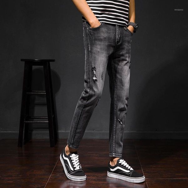 

men's casual pants jeans new spring 2020 feet cultivate one's morality street hole elastic nine minutes of pants1, Blue