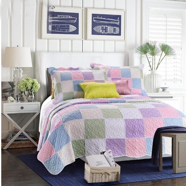 

bedding sets korean elegant bedspread patchwork/grids colchas cute coverlet comforter 3pcs set cubrecamas quilted bedcover pillowcase
