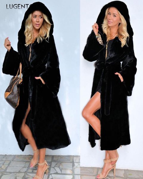 

women's faux fur winter long coat hoodie large size solid coats black solid warm cardigan lady elegant faux fur lugentolo1