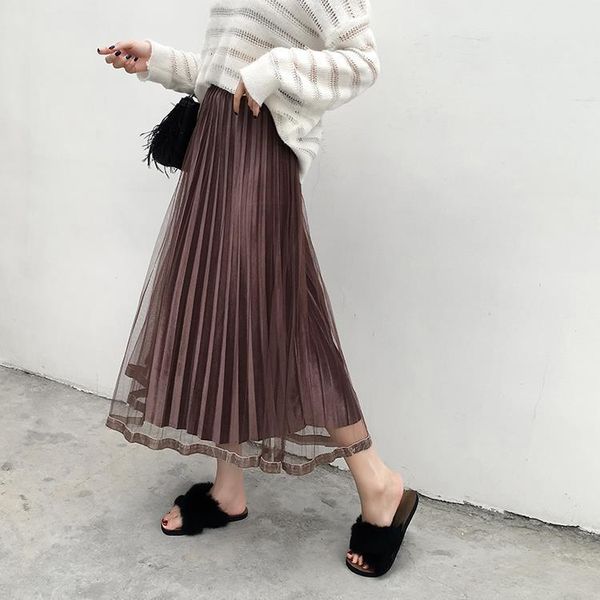 

new 2020 women tulle skirt fashion velvet mesh spring korean elastic high wasit long skirt elegant chic ladies party faldas, Black