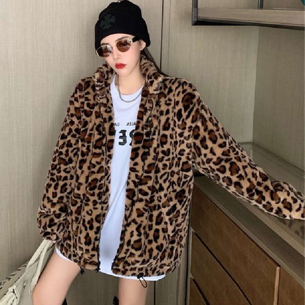 

season 2020 new leopard pattern versatile coat women autumn winter foreign style thickened cotton medium length sweater, Black