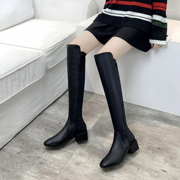 

winter boots lady shoes thigh high heels high leather booties boots-women 2020 over-the-knee med rubber1, Black