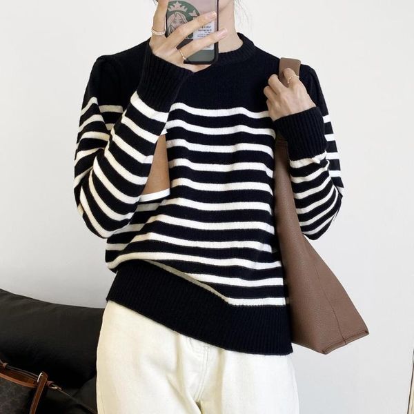 

autumn winter knitting fashion retro sweater for women korea casual long women stripe sweater  loose boyfriend pullovers1, White;black