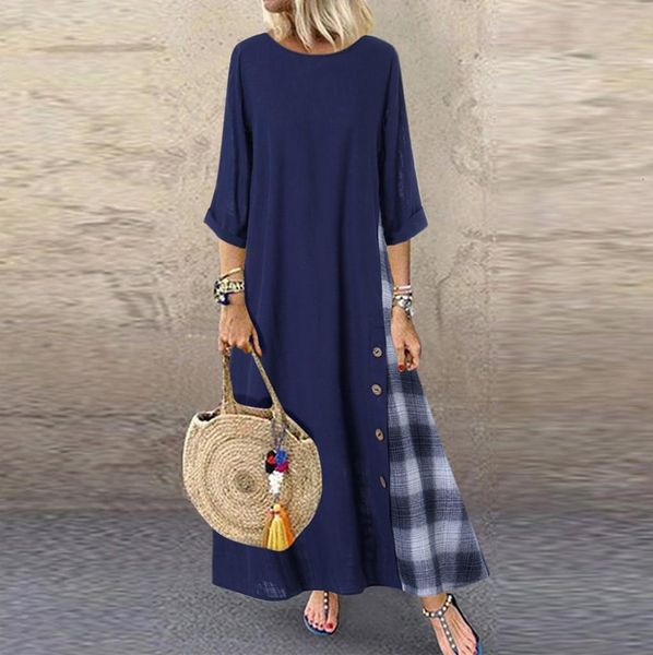 

plus size women maxi dresses patchwork 3/4 sleeves o-neck button party long dresses casual loose dress women vestidos de festa, Black;gray