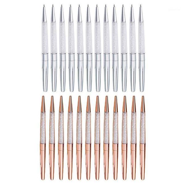 12pcs /lote de ouro rosa /prata caneta fina de cristal de tinta preta anel de casamento de metal roller bola gi1ballpoint canetas