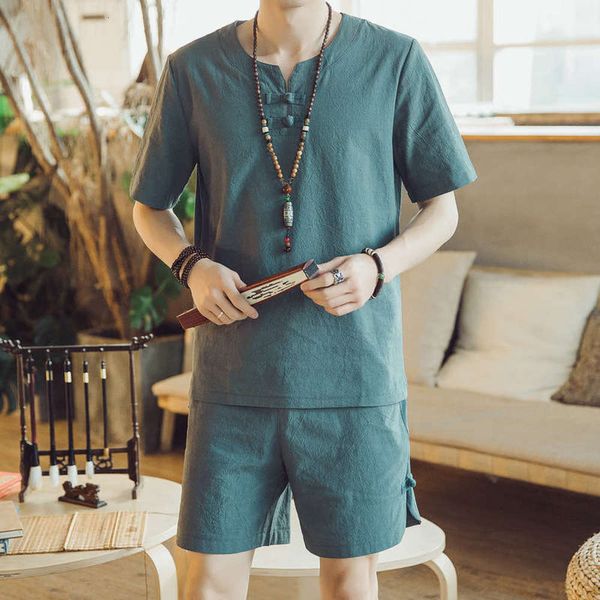 

summer clothes and elderly linen dad short sleeve t-shirt men's middle aged cotton hemp sports suit grandfather shorts, Gray