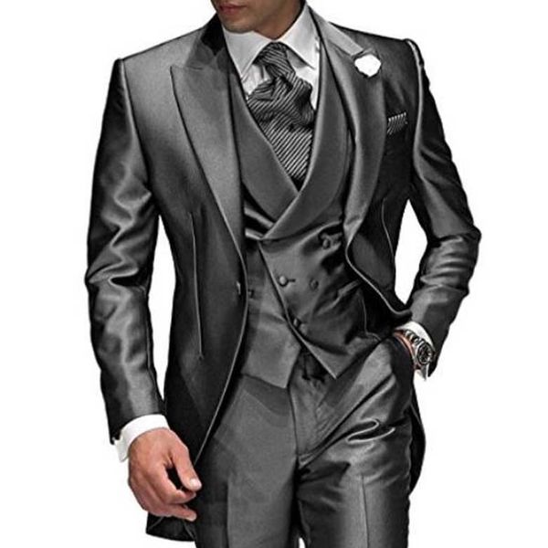 Carvão Gray Homens Homens Peaited Lapel 3 Peças 1 Botão Noivo TuxeDos Terno de Casamento para Homens Conjunto personalizado (jaqueta + calça + colete) 201106