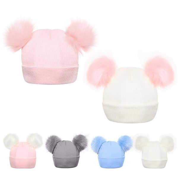 

winter knitted baby hats 2018 girls boys sweet solid hat with two fur pompoms balls kids caps for baby girls w qyljbm, Yellow