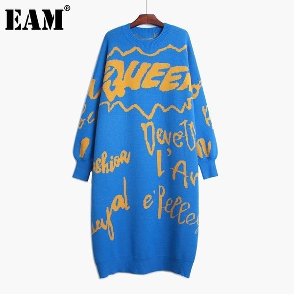 

[eam] women printed big size long knitting dress new round neck long sleeve loose fit fashion tide autumn winter 1da783 201030, Black;gray
