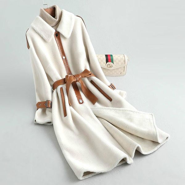 

wool 100% women's fur coat fashion epaulettes female jacket sheepskin leather belt women's winter jacket ropazjt337, Black