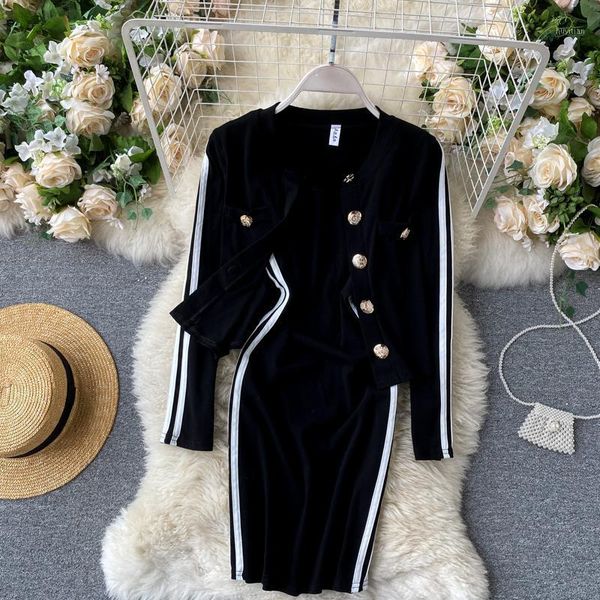 

autumn suit women's night sleeveless dress + button short cardigan jacket two piece sets p7951, Gray