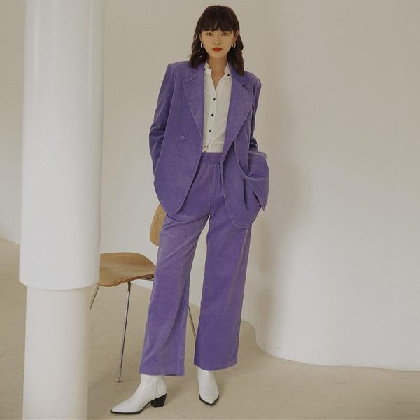 

women's tracksuits 2 piece set women suit sets spring and autumn female purple casual office lady + high waist pants 2pcs corduroy, Gray