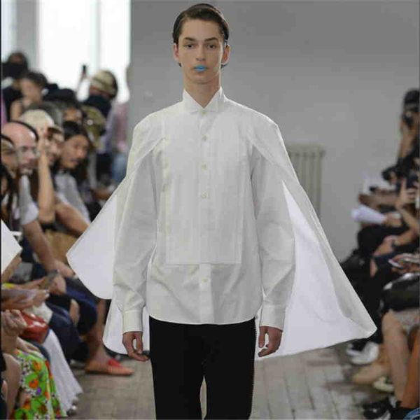 

fake 2 pieces of mid long fashion men's long sleeve shirt medium long cape cape cape shirt personality stylist, White;black