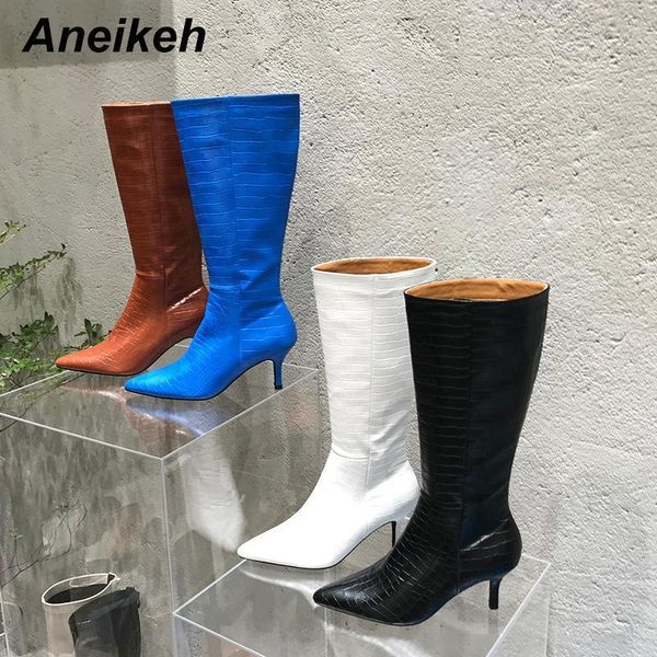 

aneikeh 2021 spring/autumn riding, equestrian knee-high sewing punk boots zipper solid classics party shoes bottine femme talon1, Black
