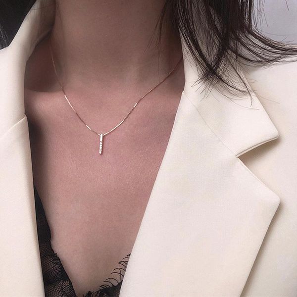 

pendant necklaces simple long strip women cubic clavicle chain rose gold silver color choker female rhinestone wedding necklace