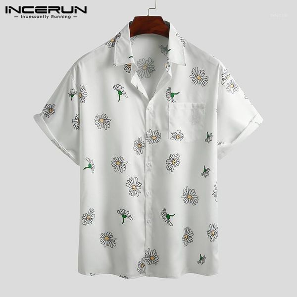 

incerun summer flower printed shirt men lapel short sleeve streetwear 2020 loose casual hawaiian shirts beach breathable camisa1, White;black