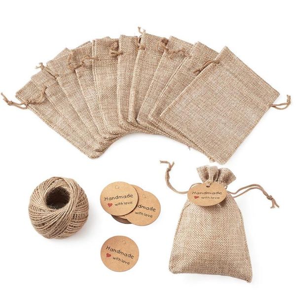 

burlap packing pouches drawstring bags with jewelry display kraft paper price tags and cord twine string for jewelry making, Pink;blue