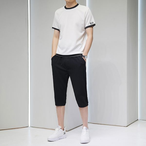 

men's casual short sleeve t-shirt summer 2020 new sports handsome korean fashion capris suit for men, Gray