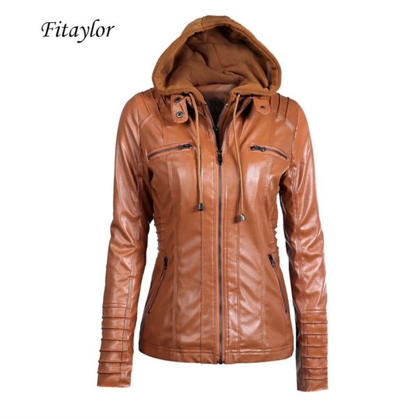 

fitaylor 2020 new women autumn winter hooded faux leather jacket slim motorcycle hat detachable plus size pu leather coat lj201127, Black