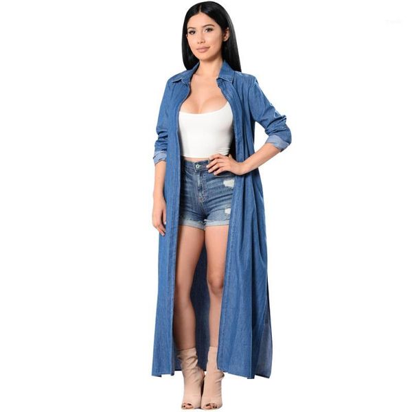 

women's trench coats women blue turn down collar long denim coat casual sleeve autumn side slit cardigan loose jeans plus size 1, Tan;black