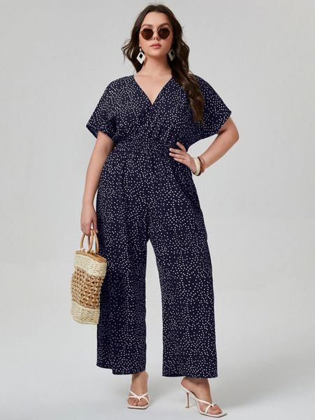 

plus polka dot shirred waist culotte jumpsuit e85z#, Black
