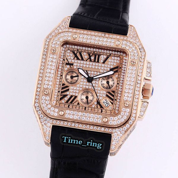 

edition wjsa0012 full diamond dial rose gold diamond case japan vk flyback chronograph quartz movement mens watch leather strap watches, Slivery;brown