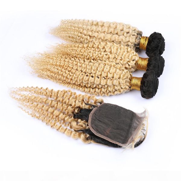 

blonde ombre indian virgin human hair wefts with closure kinky curly #1b 613 blonde ombre weave bundles with 4x4 lace front closure, Black