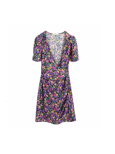 

2021 beautiful new purple floral prairie chic above the knee with cleavage v summer feminine dress slight elasticity mn93, Black;gray