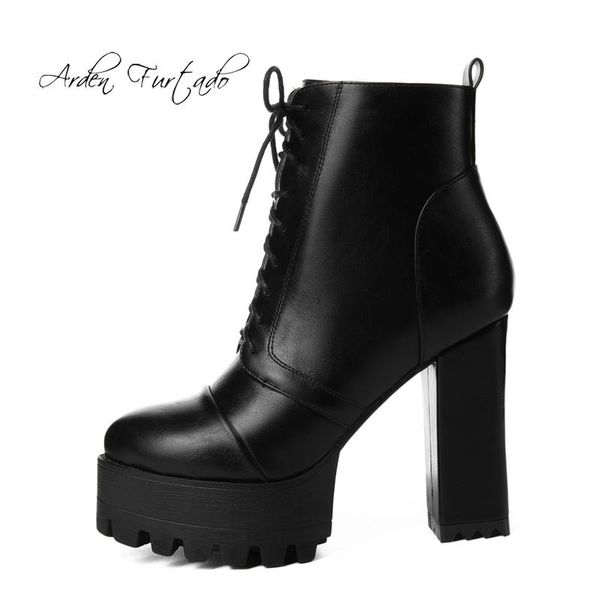 

arden furtado 2020 autumn winter zipper platform round toe chunky high heels 10cm grey beige ankle boots female cross tied boots, Black